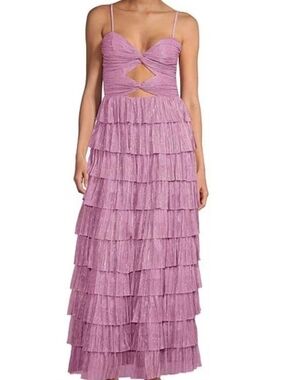 Gianni Bini Grace Metallic Plisse Sweetheart Neck Cut-Out Tiered Dress in Pink
